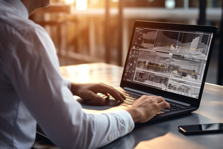 Business cyberspace male working interior technology online hands computer laptop businessman officeの素材