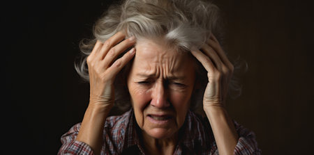 Mature woman aged elderly sad exhausted stress senior depressed older pain head oldの素材