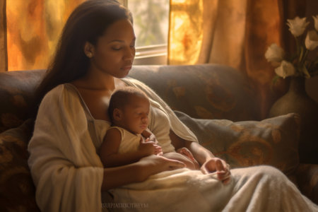 childhood woman african newborn baby family mother cute motherhood daughter home american. Generative AI.の素材