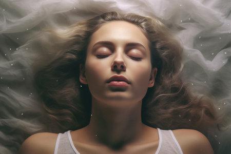 woman relaxation happy bed sleep morning attractive beauty young calm pillow. Generative AI.の素材