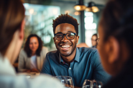 friendship man cafe group together american friend african happy talking beautiful. Generative AI.の素材