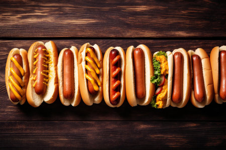 dog hot-dog bread background hot fast american sausage food meat sauce. Generative AI.の素材