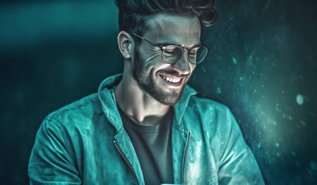 lifestyle smiling smile street city men mobile phone happy businessman smartphone. Generative AI.の素材