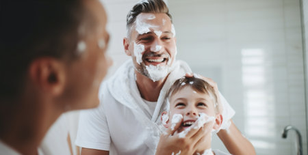 Father children childhood family caucasian cream boy bathroom together morning swimming water smilingの素材