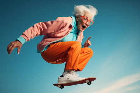 Elderly woman old skateboard crazyの素材