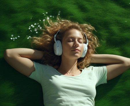 Woman summer portrait teenage space earphones meditation music enjoy lifestyle green technology face grass listen whiteの素材