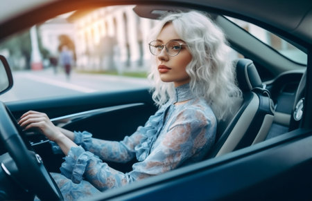 woman driver beauty business caucasian women car happy white auto transportation vehicle. Generative AI.の素材