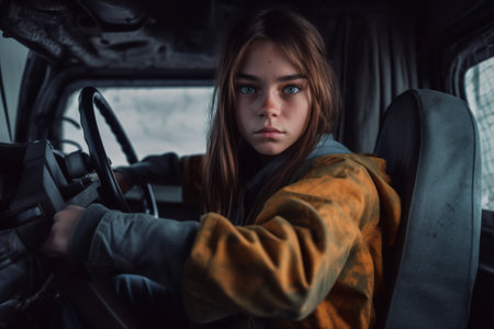 auto woman car young freedom travel summer girl caucasian child beauty. Generative AI.の素材