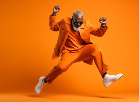 Man young handsome guy style black jump fun trendy afro adult orange fashionの素材