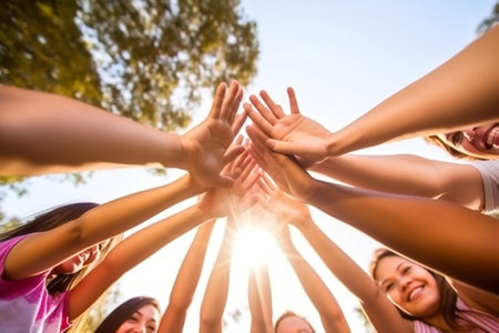 women outdoors friendship group caucasian summer friends multiethnic females young team. Generative AI.の素材