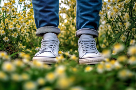 woman flowers grass lifestyle positive green spring fashion sneakers female white. Generative AI.の素材