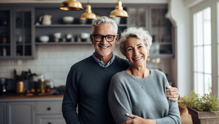 old cafe couple senior happy elderly together loving retired kitchen. Generative AI.の素材