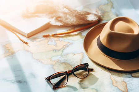 Concept background traveler summer map hat journey holiday vintage vacation trip compassの素材