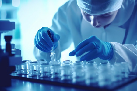 medicine test biotechnology research hand medical science tube laboratory experiment. Generative AI.の素材