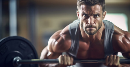 gym strong athletic men person bodybuilding fit strength training exercising sport. Generative AI.の素材