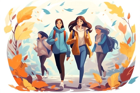 Happy outdoors diversity school friends smiling education horizontal group college friendship youngの素材