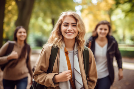 Young multiethnic student friendship group outdoors exam education school college smiling happy laughingの素材