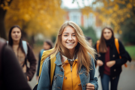 Group education outdoors street happy young student caucasian college smiling friendship schoolの素材