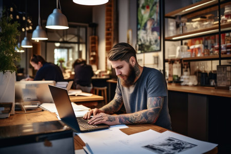 Man internet digital pen art successful business tattoo indoor artist background executive working laptop job workplaceの素材