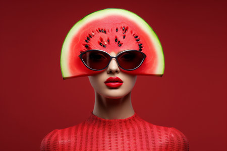 Woman summer skin color portrait art juicy concept red beauty treatment watermelon young fashion fresh handの素材