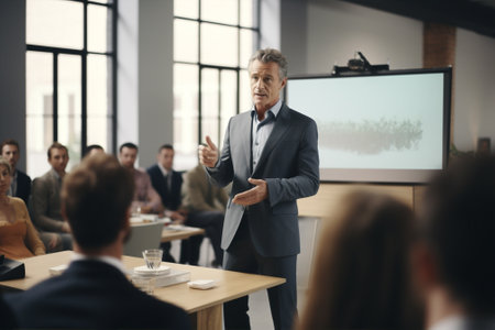 Man businessman meeting caucasian horizontal manager indoors business teamwork corporate businesswoman finance mature office talking strategyの素材