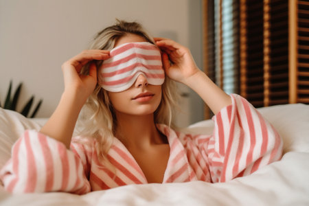 woman person bed young night female mask sleep rest beauty morning. Generative AI.の素材