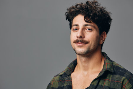 Smile man handsome portrait hipster hispanic casual model trendy fashion face shirt cool copyspace