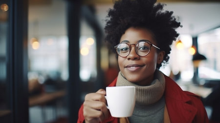 Tea woman american drink black lifestyle afro african indoor smile coffee home happy cup portrait mugの素材
