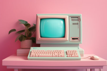 Retro blue technology monitor computer office display cyberspace pink concept digitalの素材