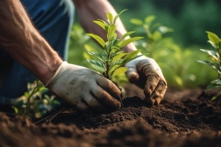 spring gardening planting agriculture tree hand green growth nature leaf. Generative AI.の素材