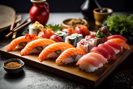 fish roll japan japanese sushi set rice seafood food meal. Generative AI.の素材