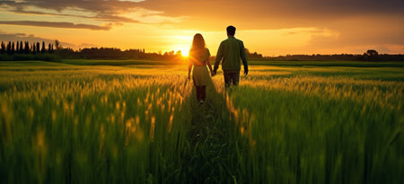 Woman man together young countryside couple walking outdoors happy nature kissing summer field romance love parkの素材