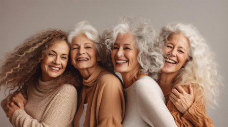 horizontal portrait women cheerful females women only grandmother laughing friendship smiling happiness. Generative AI.の素材