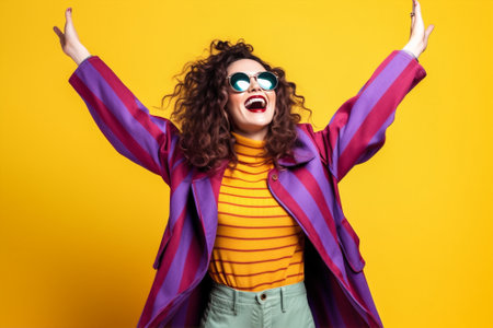 beauty woman sunglasses caucasian attractive young portrait yellow pink fashion glasses. Generative AI.の素材