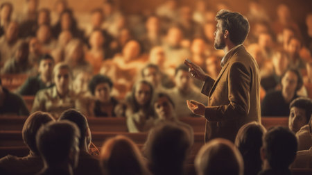 speech man person speaker politician conference party music stage entertainment women event. Generative AI.の素材