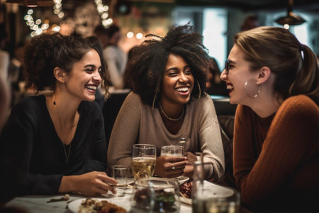 friend woman group laughing cafe sitting happy girl smiling together cup. Generative AI.の素材