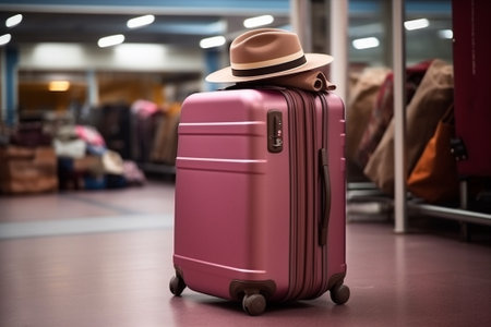 Lifestyle transport traveler suitcase vacation airport storage holiday luggage carry trip hat accessories baggage journeyの素材
