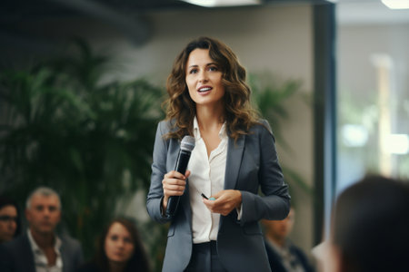 Manager woman team training men communication male executive office boss businesswomen leadership business colleague job meetingの素材