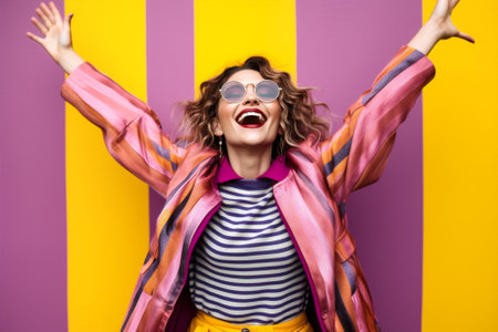 woman hipster portrait young beauty pink sunglasses caucasian attractive fashion yellow. Generative AI.の素材