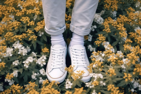 fashion woman grass green spring sneakers lifestyle flowers white female positive. Generative AI.の素材