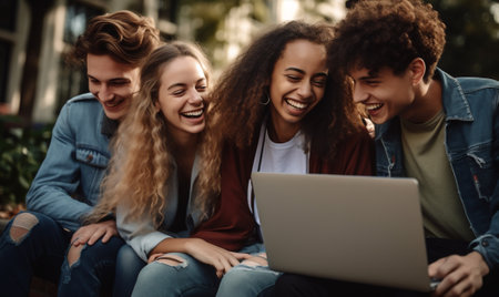 Outdoors online city bench laptop looking horizontal group computer talking technology people lifestyle friendshipの素材