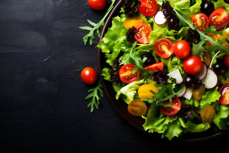 green salad background dark vegetarian fresh food healthy diet vegetable freshness. Generative AI.の素材
