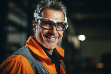 Man architect operator caucasian industrial engineer smile builder working portrait person helmet profession safetyの素材