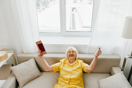Happy senior woman with passport and travel ticket packed a red suitcase, vacation and health care....