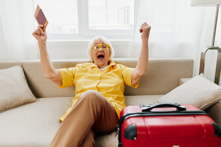 Happy senior woman with passport and travel ticket packed a red suitcase, vacation and health care. Smiling old woman joyfully sitting on the sofa before the trip raised her hands up in joy.の写真素材