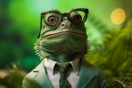 reptile scale iguana wildlife lizard green close-up portrait glasses animal. Generative AI.の素材