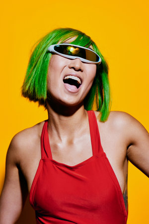 Wig woman trendy portrait smile beauty sunglasses fashion