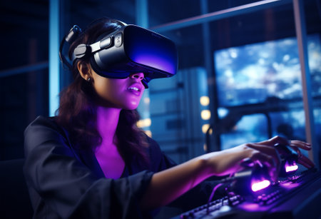 Woman headset device reality digital business virtual innovation attractive technology vr glasses future sitting adult augmentedの素材