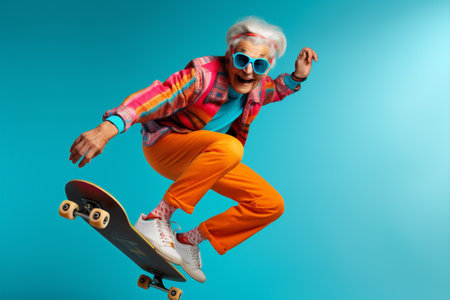 Old woman crazy hair grandmother rock skateboard modern grey elderly positive portrait lifestyle confidentの素材