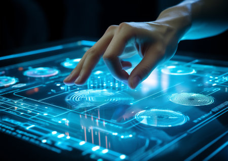 Screen technology system interface virtual concept digital internet business innovation science media tech handの素材